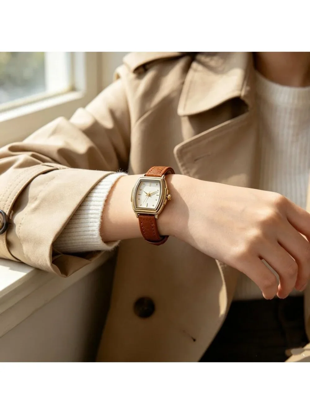 Women's Brown Rectangular Case Metal Case Simple Dial Leather Strap Wrist Watch